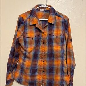 Woolrich Women’s Plaid Button Up Flannel Shirt Orange Blue Medium
